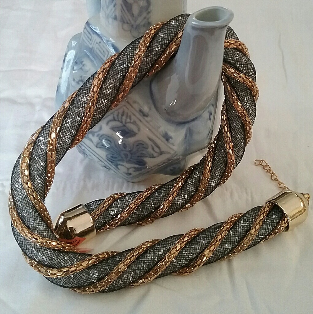 Goldtone, Black & Crystal Necklace